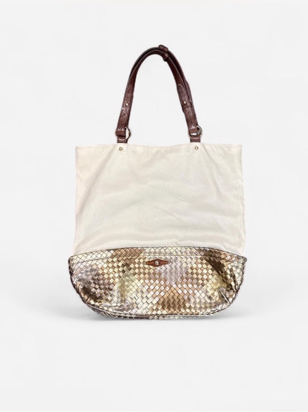 Elliot Lucca Cream Leather Tote Metallic Woven bottom Accent Brown Handles - Picture 2 of 6